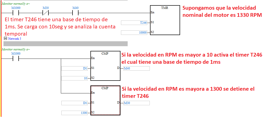 Programa Ladder para detección de tiempo de establecimiento con comparadores