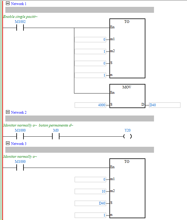 Programa Ladder en ISPSoft con control de Y20 por M0 y escritura del módulo DVP06XA con D40