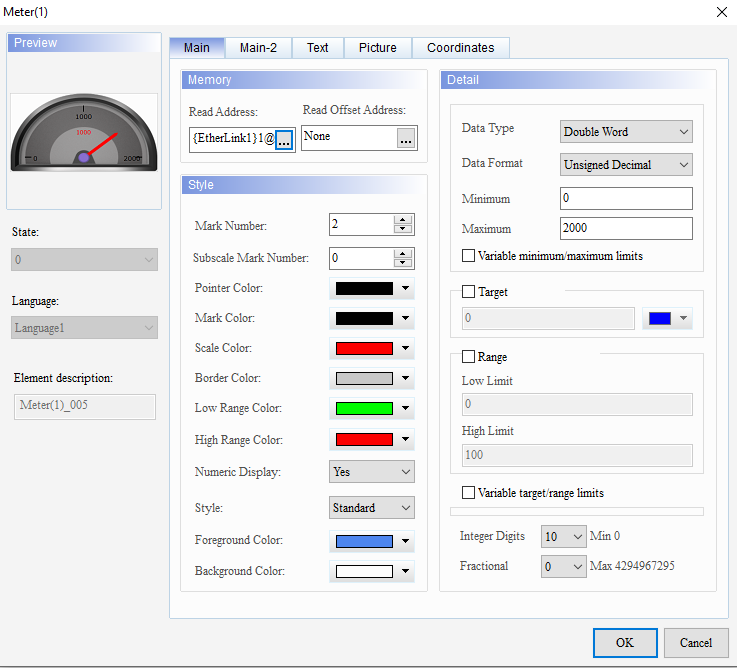 Configuración del elemento numeric display en el software HMI vinculado al registro D220