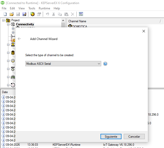 Selección driver Modbus ASCII